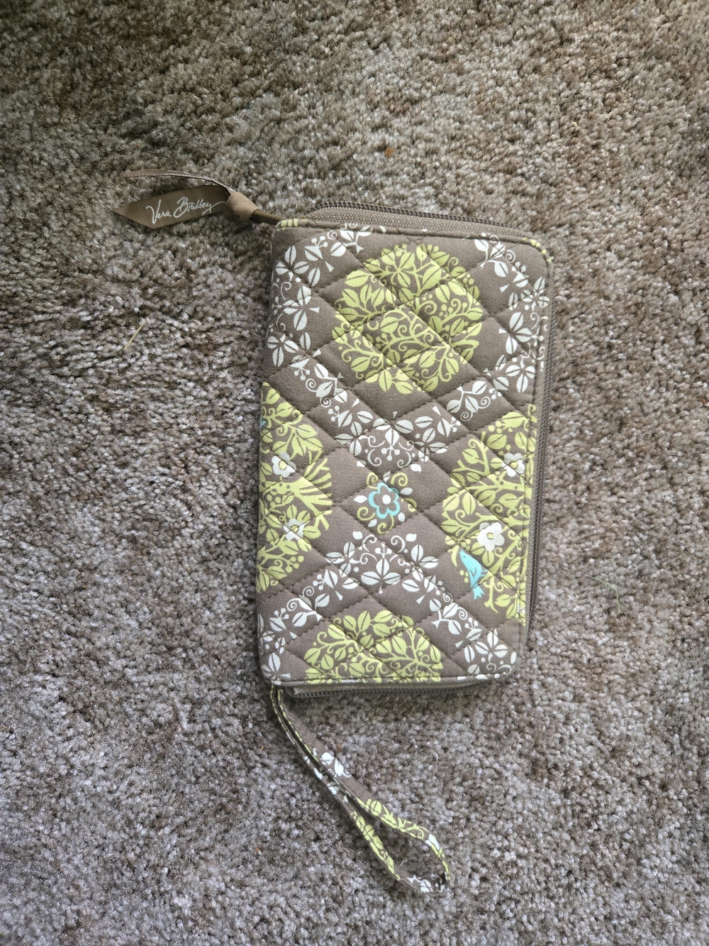 Vera Bradley Quilted Zip Wristlet in Taupe with Lime Accents